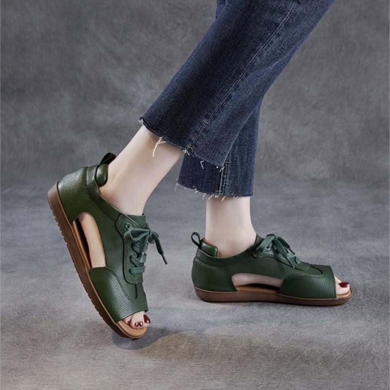 Johnature Sandales peep toe en cuir véritable rétro à semelle plate et à lacets, chaussures pour femmes à semelle souple