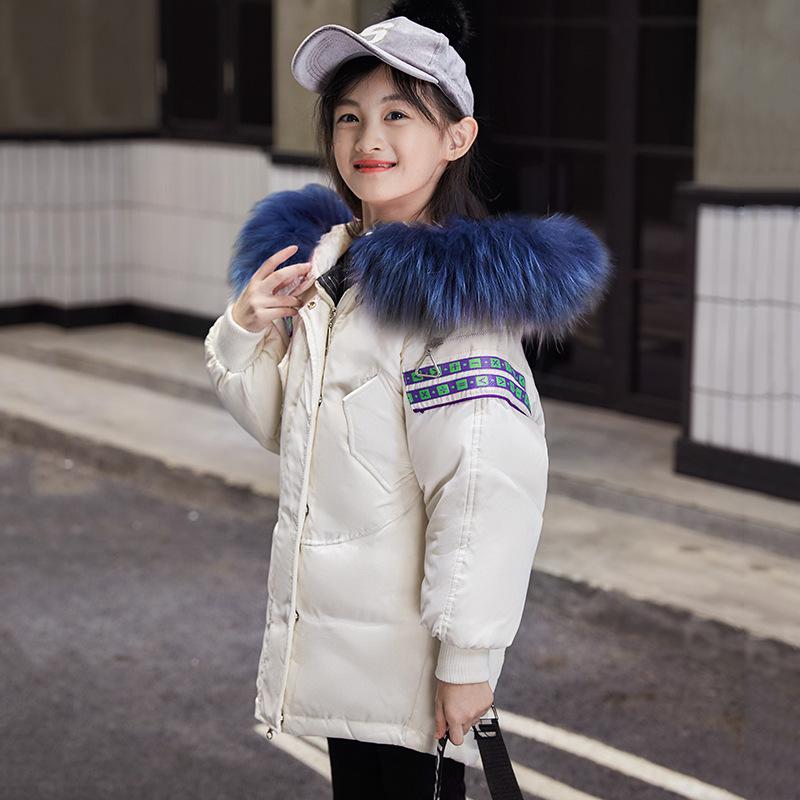 Ropa para Niños Chaqueta de Plumón para Niñas Largo Medio Estilo Coreano Ropa Nueva para Niños Cuello de Piel Suelta Invierno