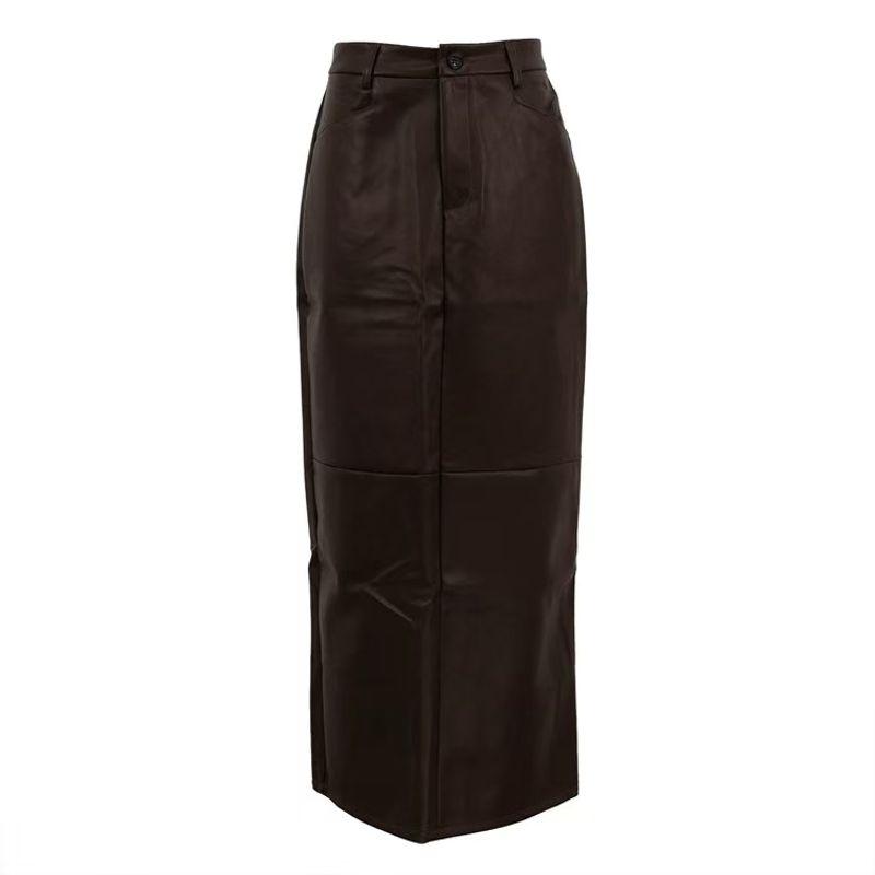 

Fashion New Arrival Elegant Retro Hip-Wrapped PU Leather Skirt High Waisted PU Leather Skirt Brown L