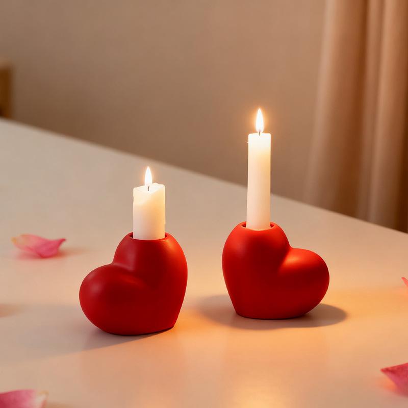 Red Heart-shaped Ceramic Candle Holder Craft Ornament - Valentine's Day Gift, Candle Stand, Wedding Decoration
