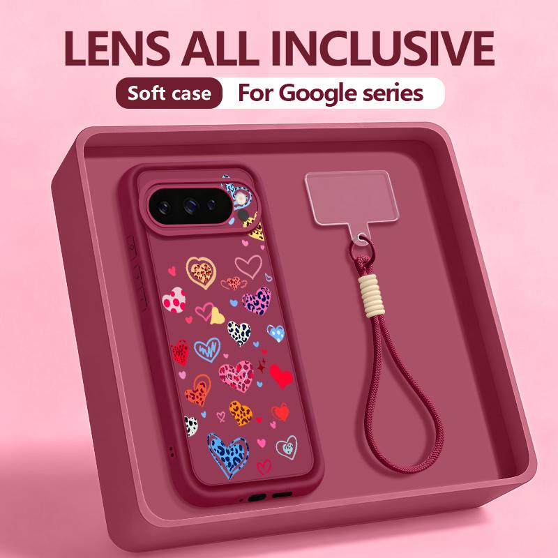 Colorful Love Heart Printed Case For Google Pixel 10 8 7 Pro 9A 8A Pixel 9 10 Pro XL Wrist Strap Lanyard Soft TPU Phone Cover