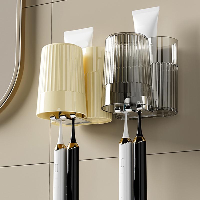 Étagère Murale Porte-Brosses à Dents Sans Perçage Salle de Bain Multifonctionnel Support à Dentifrice Rangement Tasses Rince-Bouche