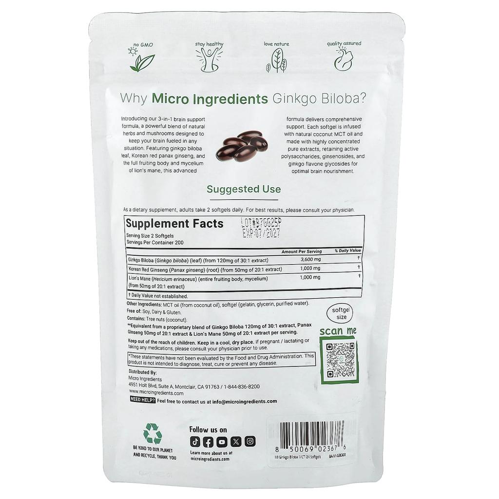 Micro Ingredients: Ginkgo Biloba, Ginseng, Hericium Antler, 400 Softgels