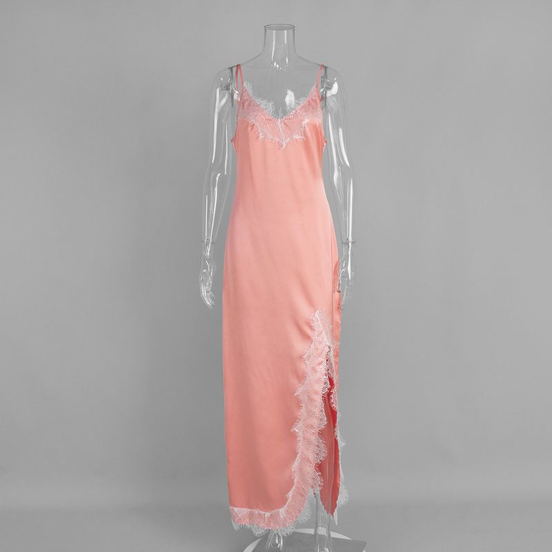 

Lace Lace Spaghetti-Strap Long Dress European and American Summer Artificial Silk Sexy Slit Patchwork Lace Dress Women Pink L