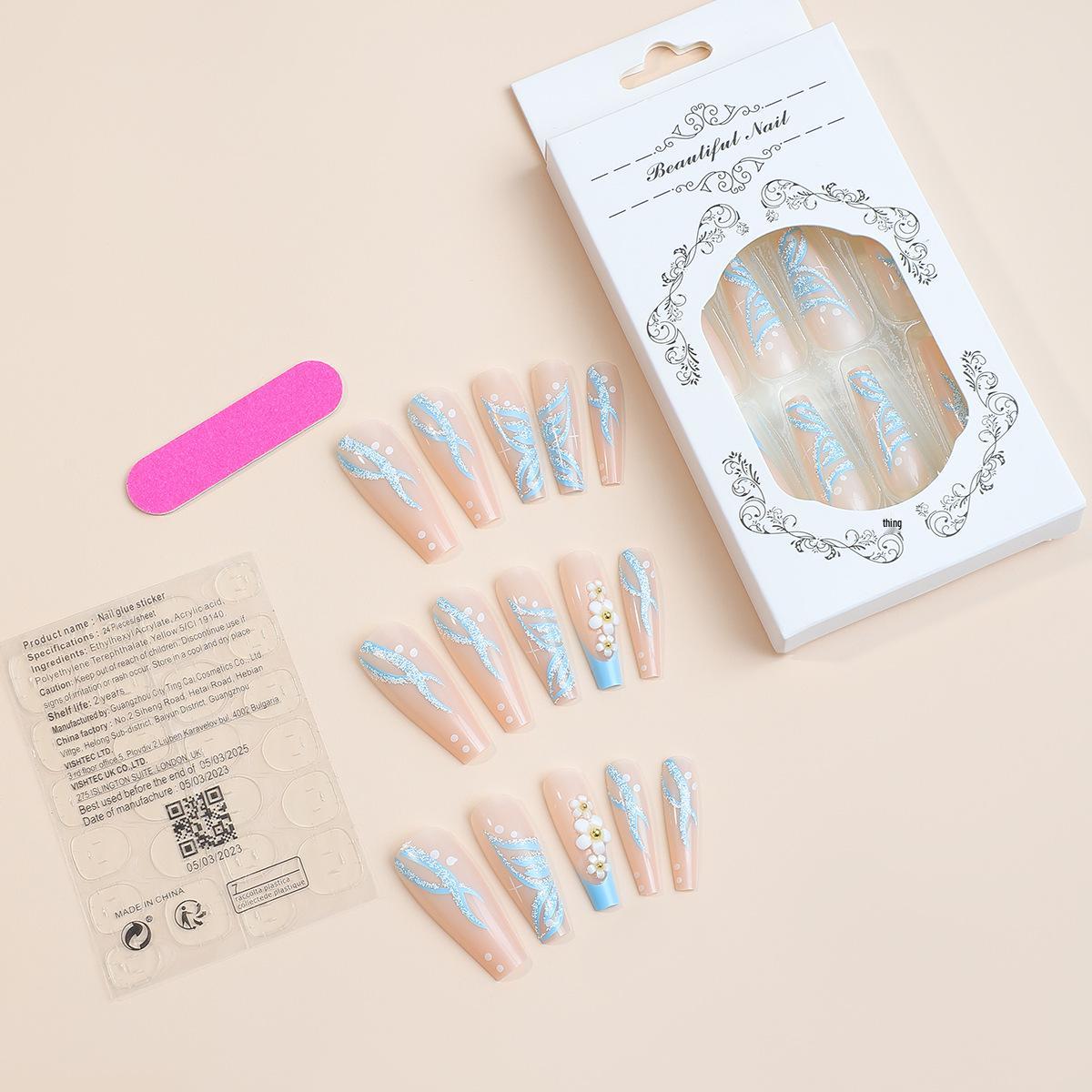 

Striped Blue Flower Glitter Trapezoid Nail Tips Set (24 pcs)