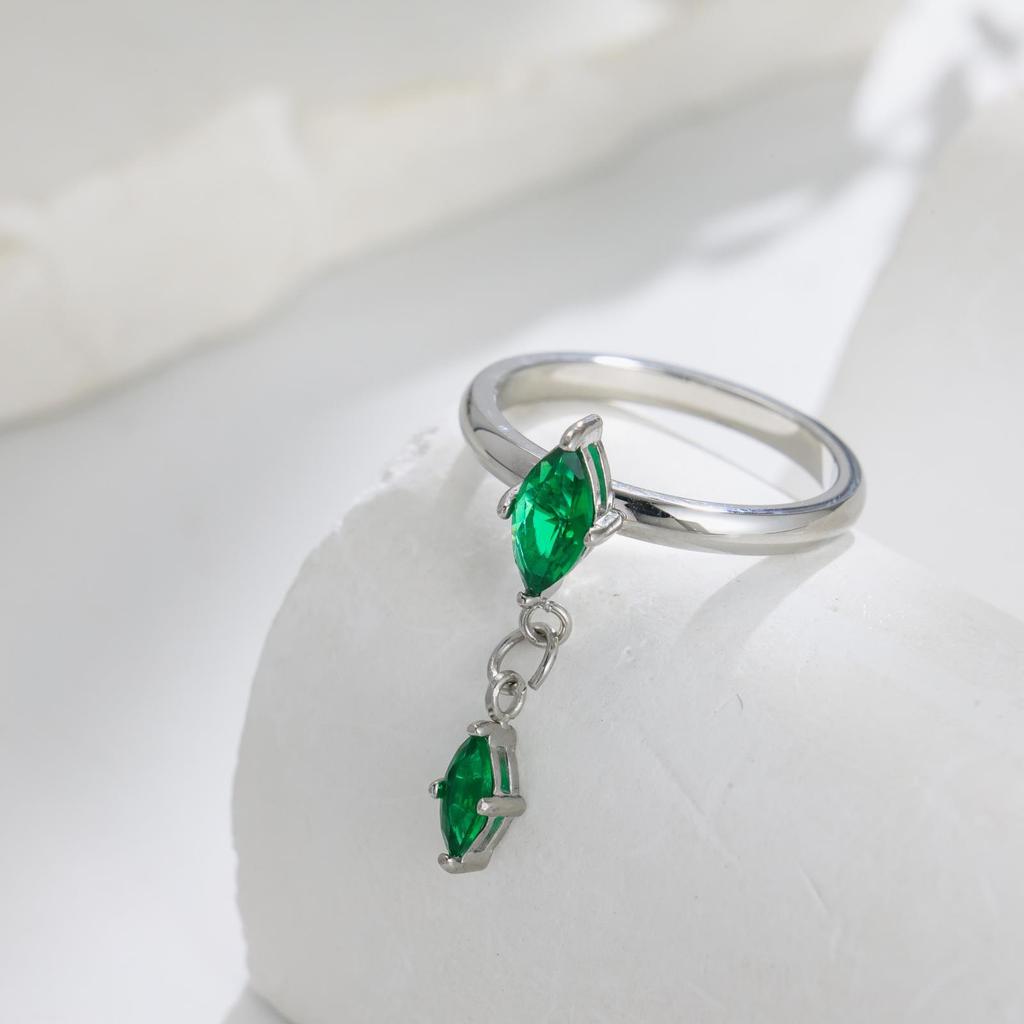 Green Crystal Marquise Stone Tassel Pendant Stainless Steel Rings for Women Vintage Gold CopperColor Wedding Jewelry Minimalist