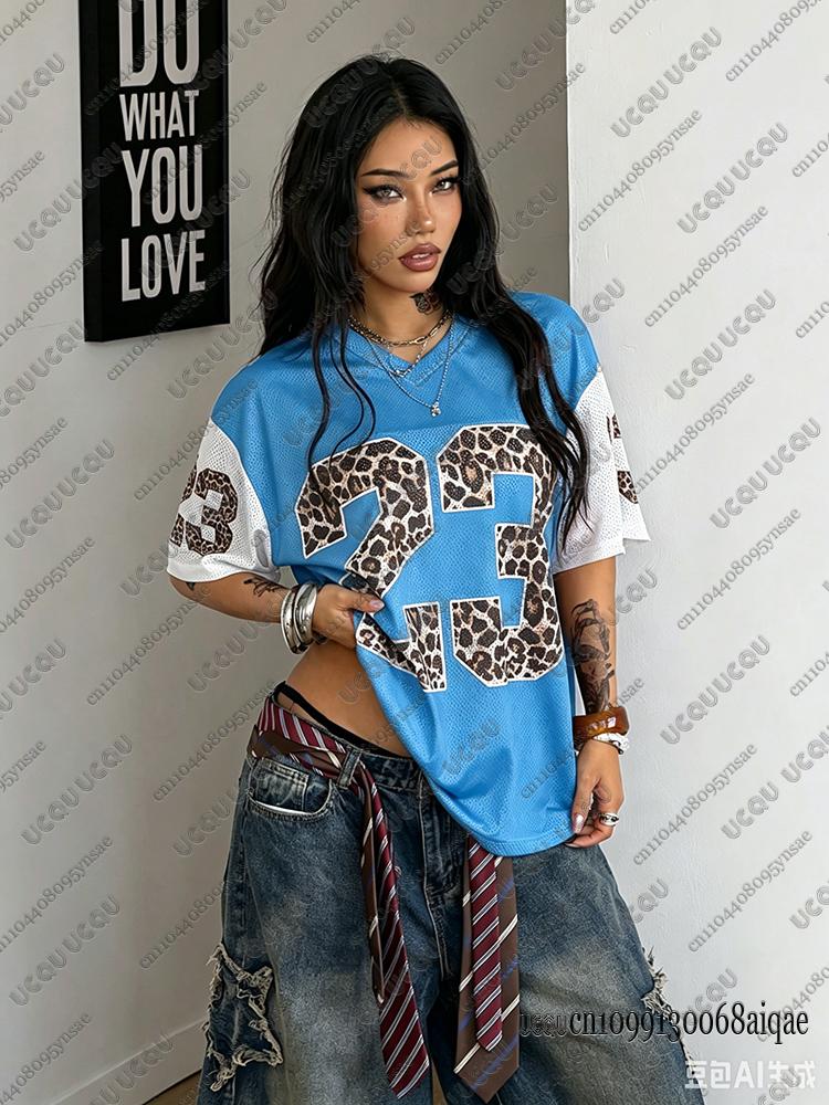 Summer New Leopard No.23 Print T-Shirt For Women V-Neck Short Sleeve Mesh Sports Football Jersey Y2K Loose Oversized Tops