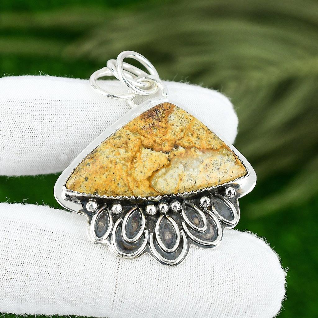 925 Silver Trillion Natural Picture Jasper Mother Bezel Engagement Boho Pendant