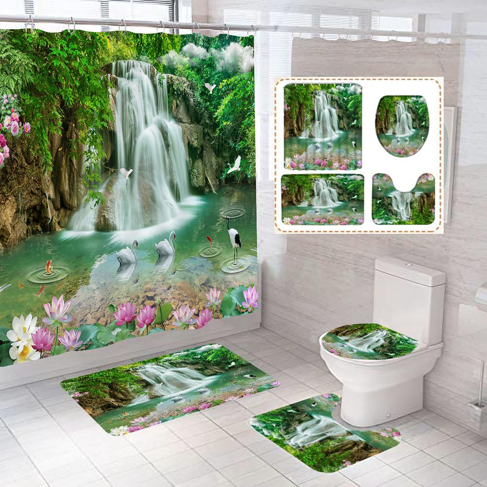 Wasserfall Landschaft Druck Duschvorhang Wald Szenerie Wasserdichte Badezimmer Vorhänge Heimdekoration Rutschfeste Teppiche Duschvorleger Set