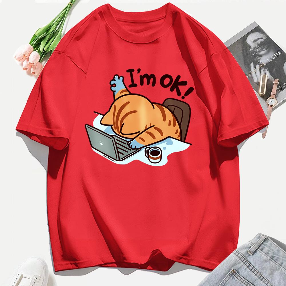 A Cat That Persists In Work Print Women T Shirts Casual Hip Hop Tees Tops Multicolor Cotton Sportswear Loose Short Sleeve Female