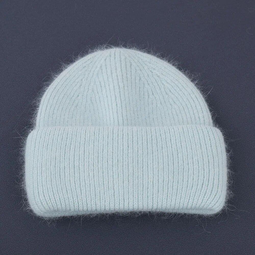 Winter Real Rabbit Fur Knitted Beanies For Women Fashion Solid Warm Cashmere Wool Skullies Beanies Female Fold Thick Hats