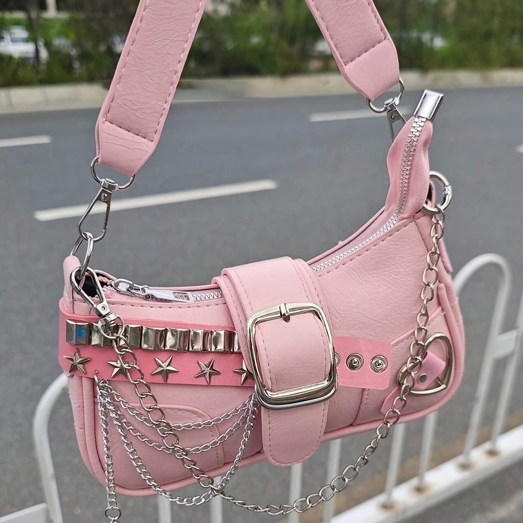 Y2K Style Small Shoulder Bag with Magnetic Closure, Polyester Lining, Chain Strap, Punk-Inspired Design, Pastel Pink Color