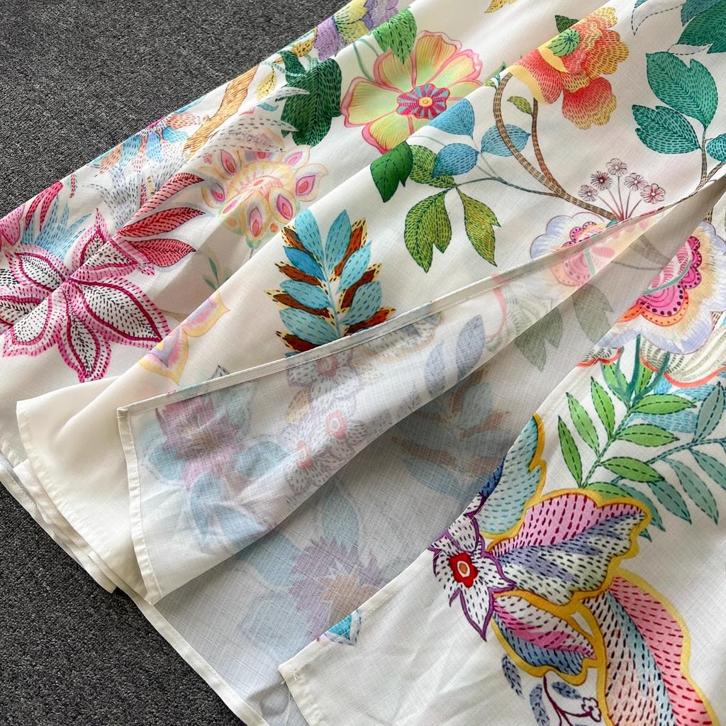 Elegant Linen Floral Holiday Robe Dress Women Spring Summer Stand Long Lantern Sleeve Sashes Vestidos Floral Print Clothes