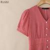 ZANZEA Women Casual V-Neck Short Sleeve Grid Print Dress