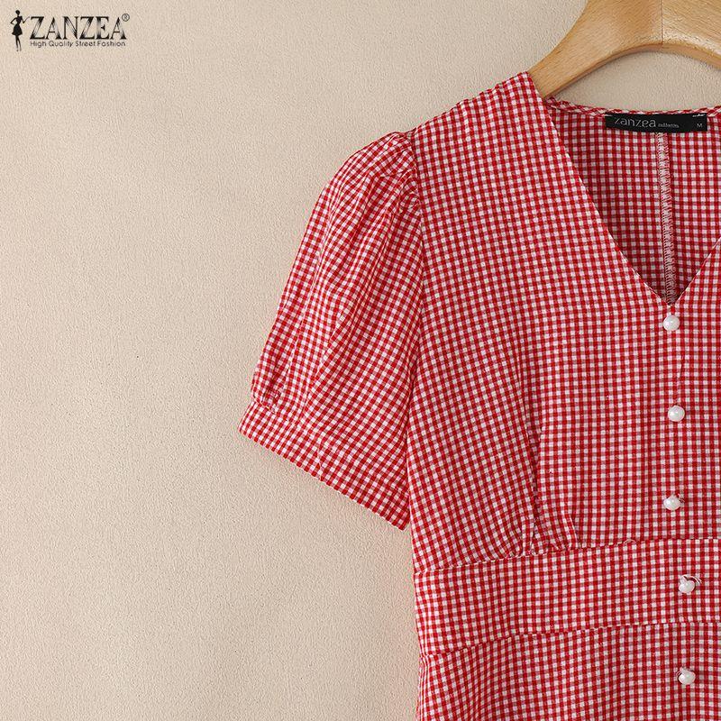 ZANZEA Women Casual V-Neck Short Sleeve Grid Print Dress