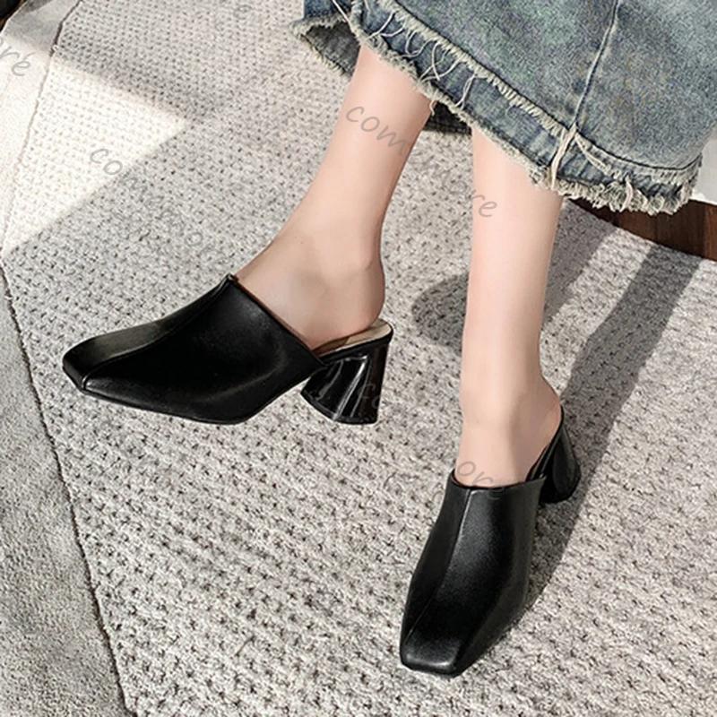 Comemore Baotou Half Slippers Women Square Head High Heels Shoes Outside Wear Thick Heel Solid Color Mules Slides Shoes