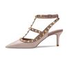 Fashion Beige High Heels Comfortable High-Heeled Shoes Roman Style Slip On Navy Blue Pumps All-Match Rivets Patent Leather Sandals Ladie