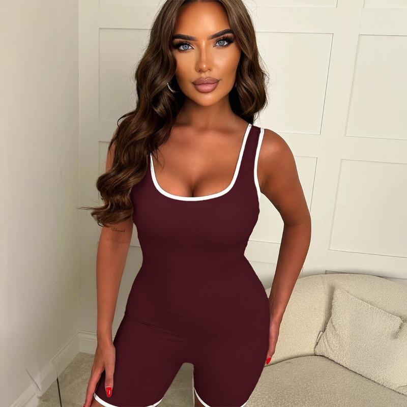 Damen Rückenfreier Raffierter Aktiv-Romper Kontrastbesatz Ärmellos Bodycon Kurzer Jumpsuit