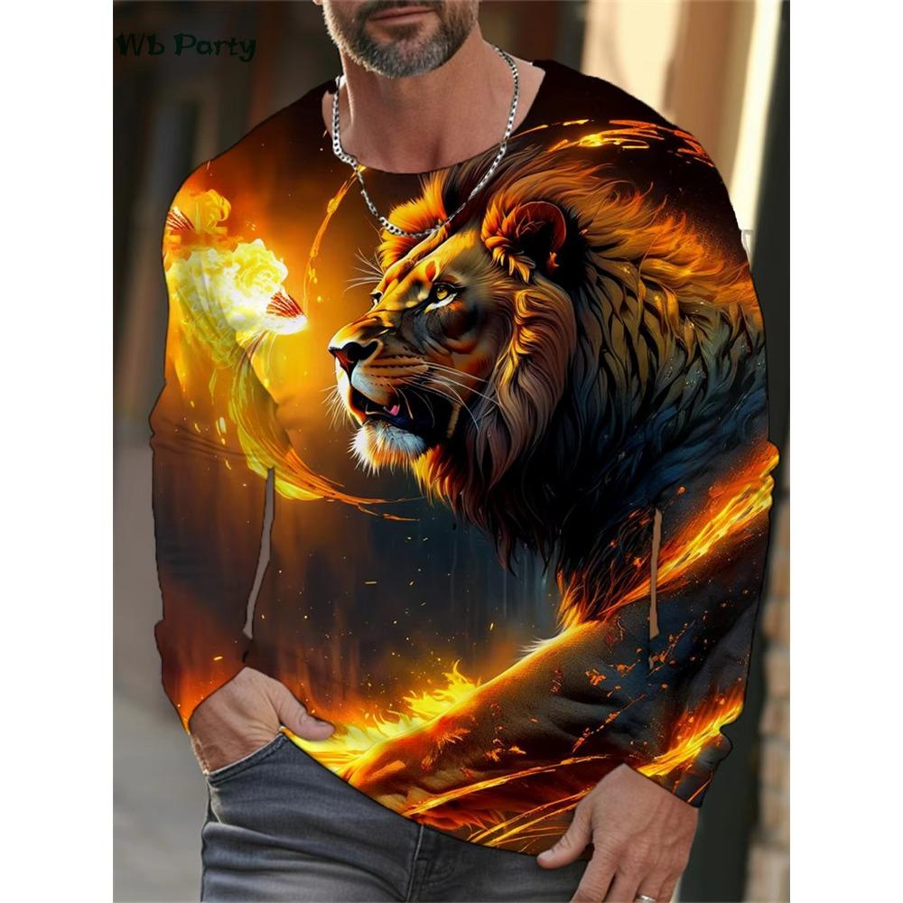 Vintage Lion T Shirt Men 3D Print Lion Graphic T Shirts Men Long Sleeve T-Shirt Mens Clothing Casual Loose Men's Clothing Tops