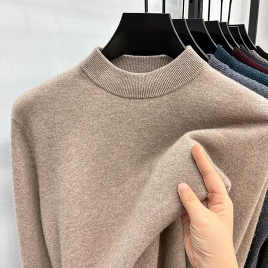 Men's 100% Wool High-Collar Knit Sweater – Thick, Warm, Solid Color, Perfect for Autumn and Winter