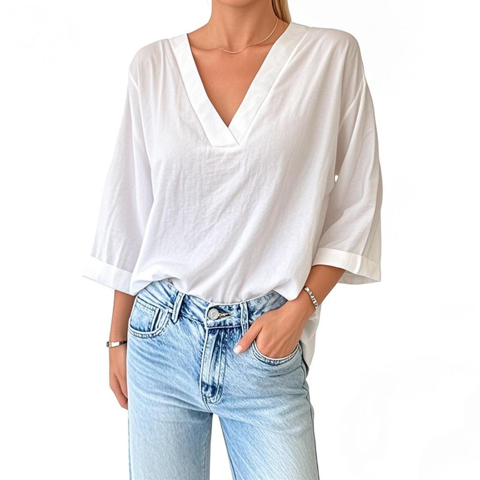 

Women s Fashionable And Casual -color V-neck 7-quarter Sleeve Top T-shirt M білий