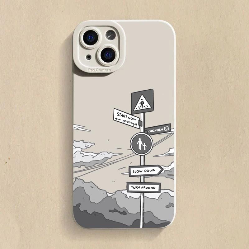 Simple Oil Painting Road Sign Silicone Phone Case For iPhone 16 15 14 13 12 11 Pro Max XS XR 7 8 Plus SE Shockproof Soft Cover