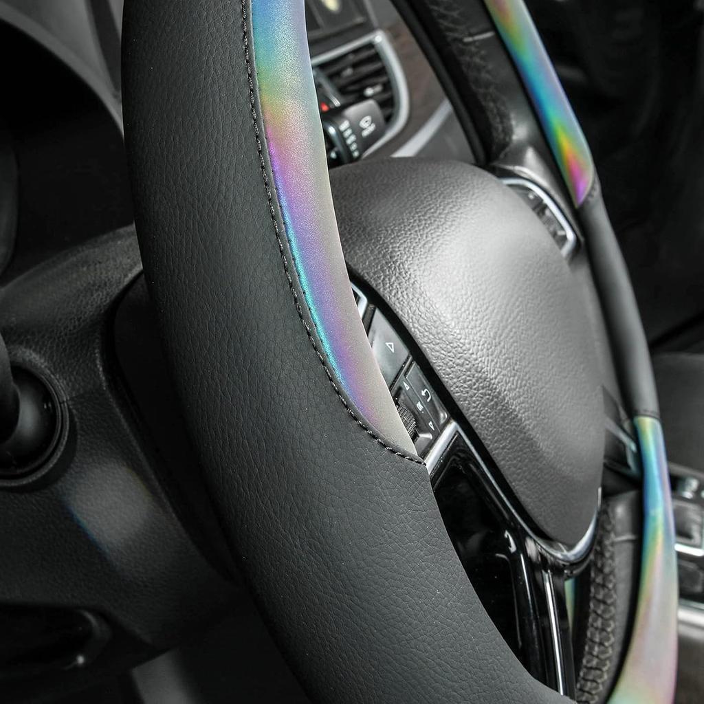CAR-GRAND Chameleon Iridescent Reflective PU Leather Steering Wheel Cover,15Inch Universal Fit For 95% Suvs,Sedans,Vans,Trucks For Unique Cute Women