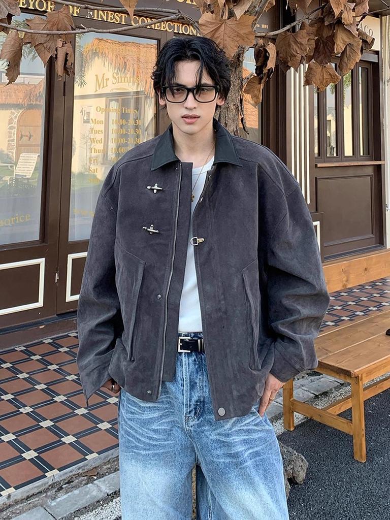 American Retro Suede Short Jacket for Men – Trendy Autumn/Winter Lapel Outerwear