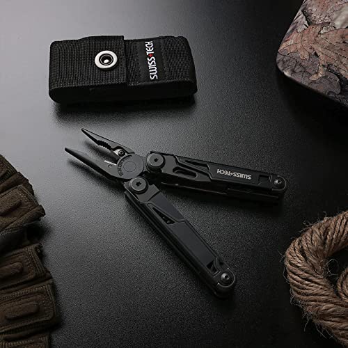 SWISS+TECH 16-in-1 Multi-Pliers, Outdoor Multi-Tool with Locking Function, Includes Cutter, Saw, Screwdriver, Tape Measure, Bottle Opener, File, and P