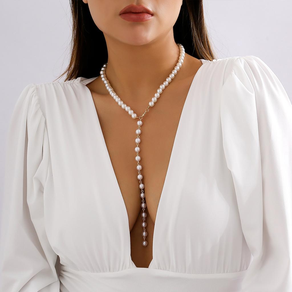 Retro Round Bead Chain Beaded Necklace, Simple Imitation Pearl Tassel Long Niche Necklace