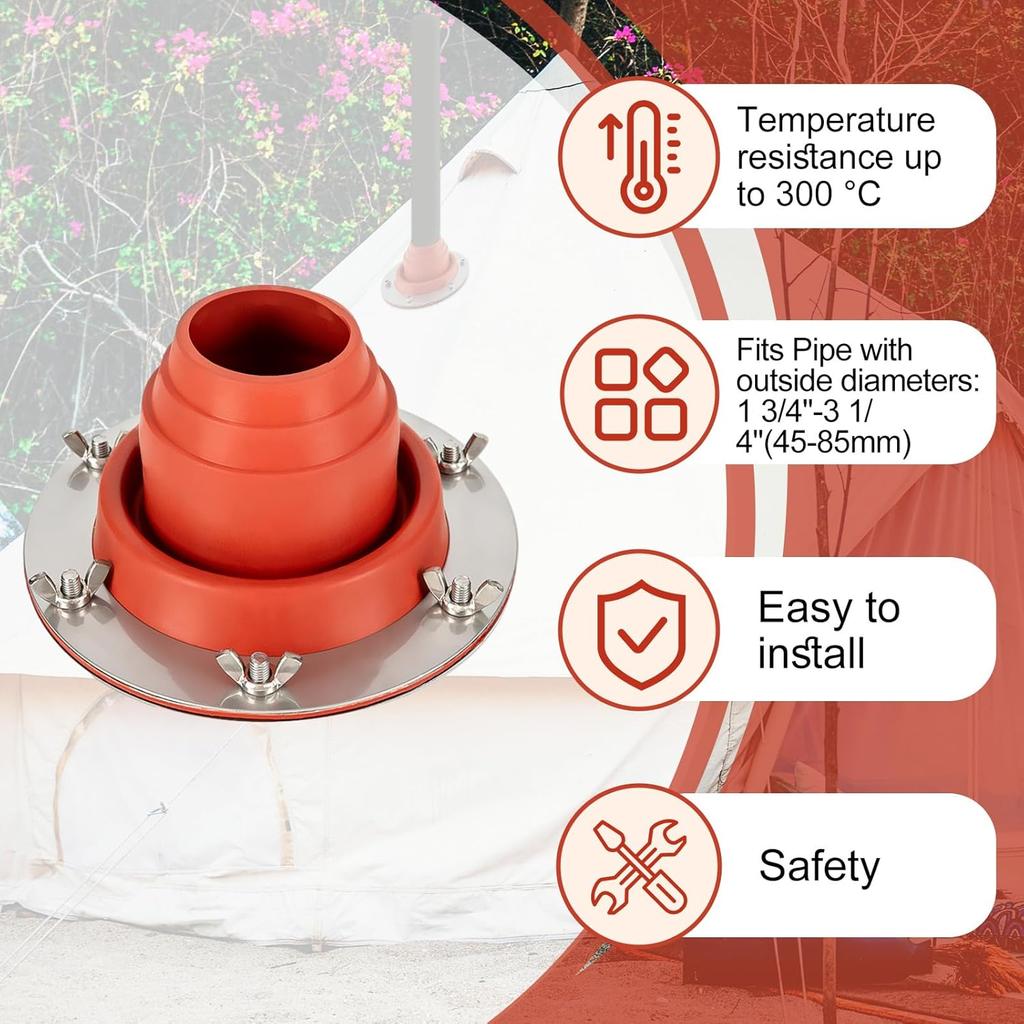 Tent Stove Jack Kit, Silicone High Temp Flexible Roof Jack Pipe Boot Metal Roofing Pipe Flashing, Tent Roof Stove Jack Kit for Bell Tent,Yurt,Wood