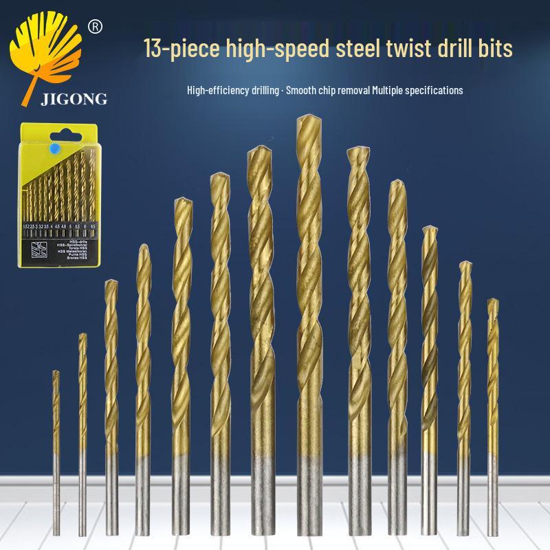 Premium 13-teiliges Titanbeschichtetes HSS-Spiralbohrer-Set (1,5 mm bis 6,5 mm) mit Rundschaft für Rotationswerkzeuge