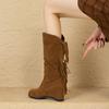 Mid Calf Fringe Boots Women with Hidden Heel 2025 Flock Height Increasing Shoes for Wide Calf Size 33-44