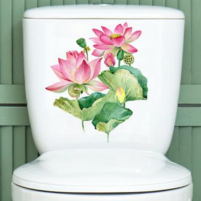 Yousheng Summer Lotus Flower Toilet Sticker Removable Self-adhesive Waterproof PVC Living Room Bathroom Wall Art Floral Toilet Lid Decoration Decal