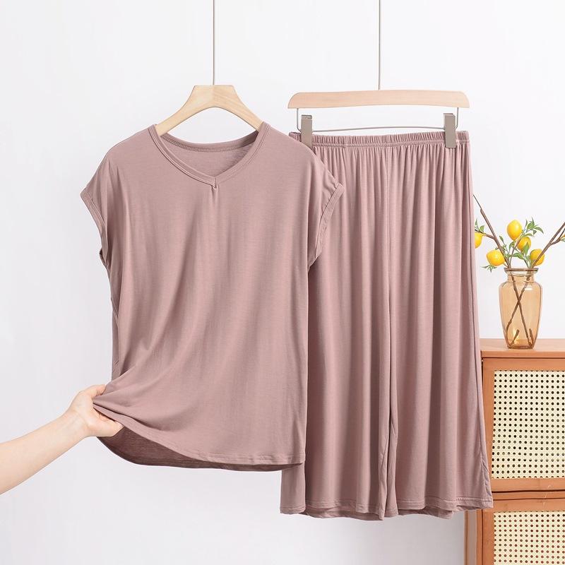 Modal V-Ausschnitt Kurzarm Caprihosen Set, Ein lockeres, übergroßes Freizeit-Zweiteiler-Set für Damen, Kann über Hauskleidung getragen werden