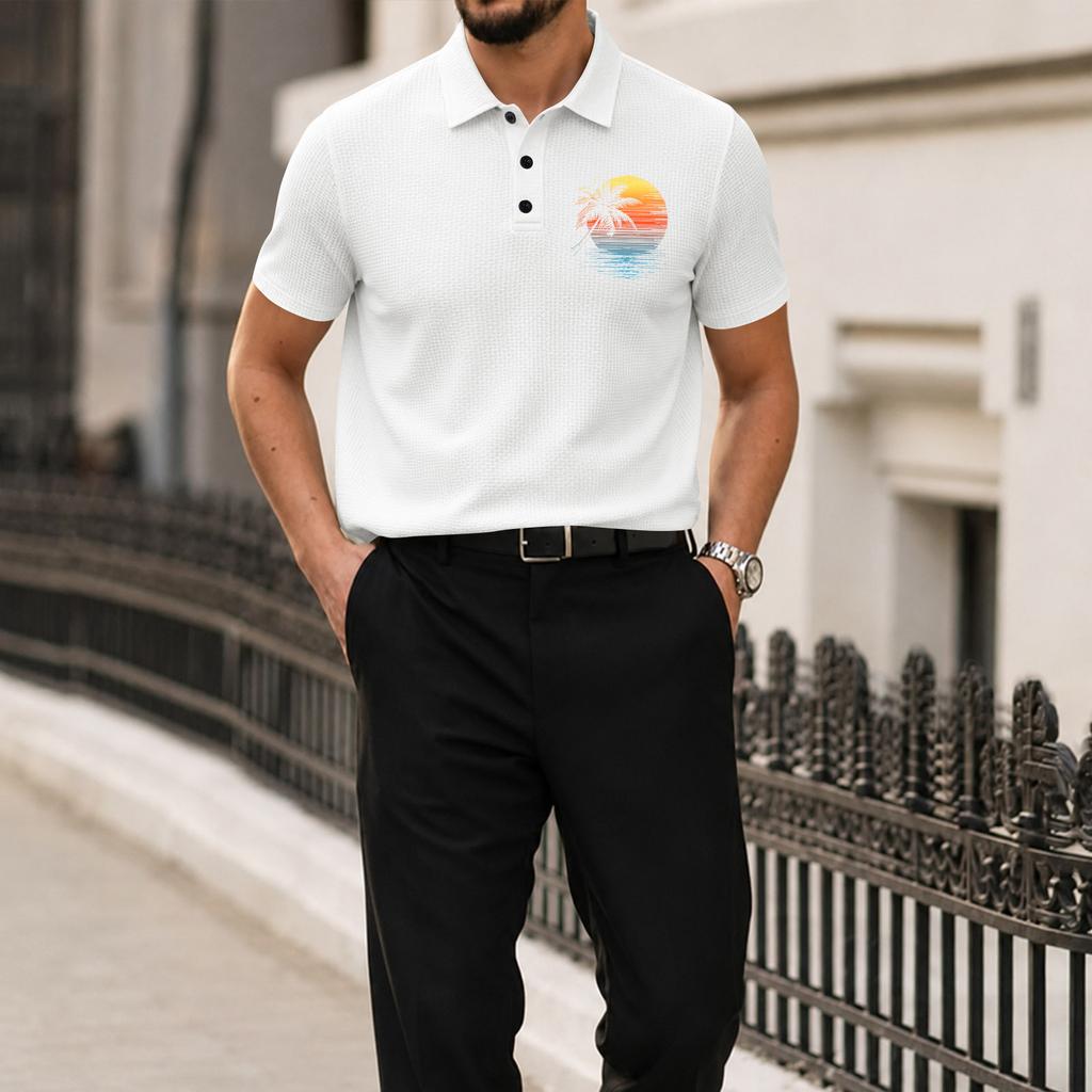 Men Short Sleeve Polo Shirt with Turn Down Collar Ice Silk Material Casual Printed Design for Summer Comfort Wear