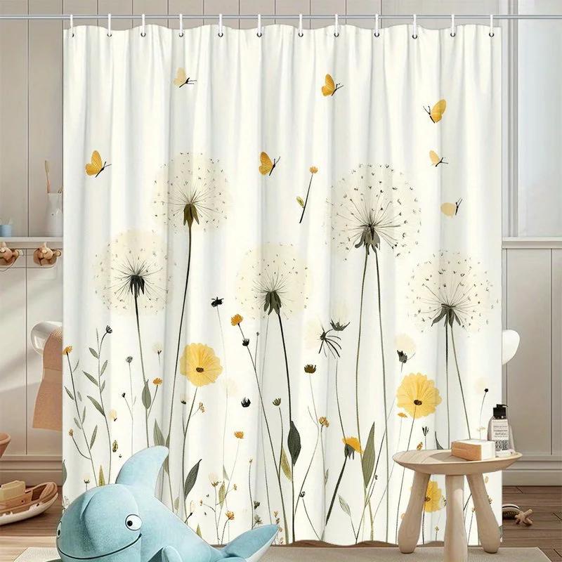 Pastel Butterfly Dandelion Shower Curtain Watercolor Texture Yellow Butterflies Blooming Flowers Polyester Bath Decor 12 Hooks W90xH180cm