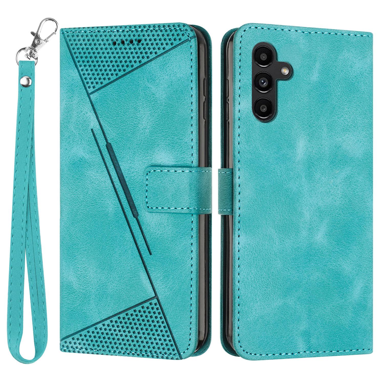

For Samsung Galaxy A14 5G Leather Wallet Stand Cover Triangle Imprint Phone Case with Strap Green