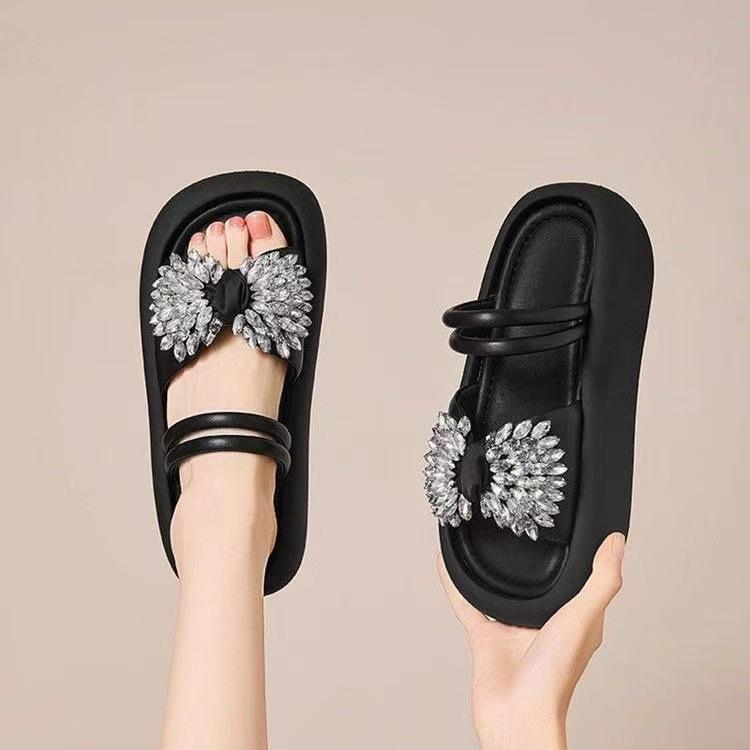Popular Rhinestone Summer One-word Slippers Women's Outer Wear 2025 High-end Muffin Thick-bottomed Bow Cool Slippers Beach