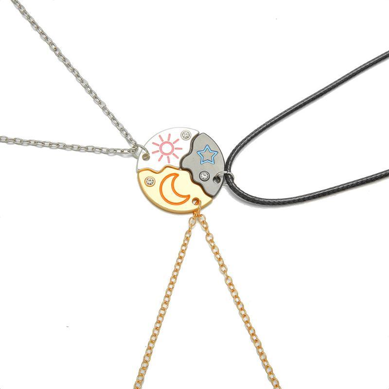 Sun Moon Stars Puzzle Necklace Set 3 Pcs Rhinestone Inlaid Trendy Jewelry for Casual Wear Party BFF Couple Gift
