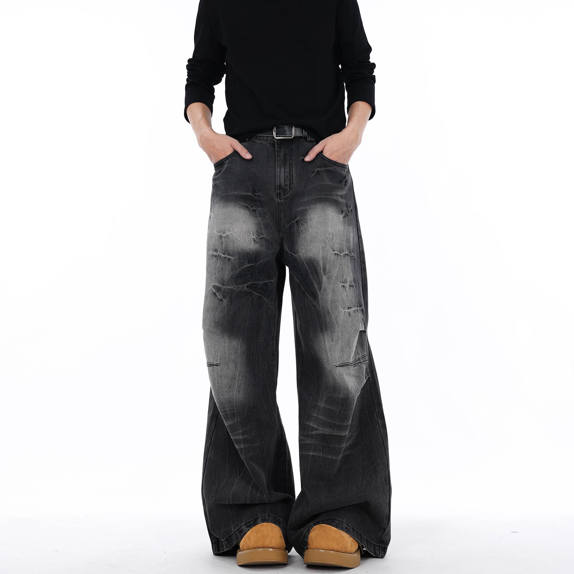 

Джинсы широкие с потертостями и рваными деталями в стиле хай-стрит для мужчин и женщин - Новый ретро тренд свободного кроя Small чёрный