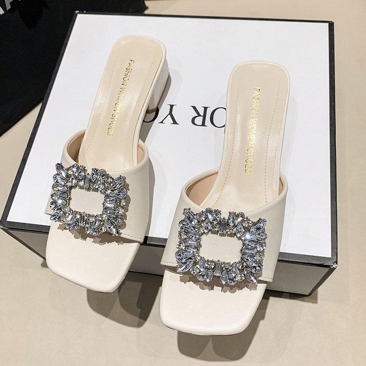 Summer New Thick Heel Slippers for Women's Outwear, Square Head One Line Drag, Diamond Square Buckle Middle Heel Slippers