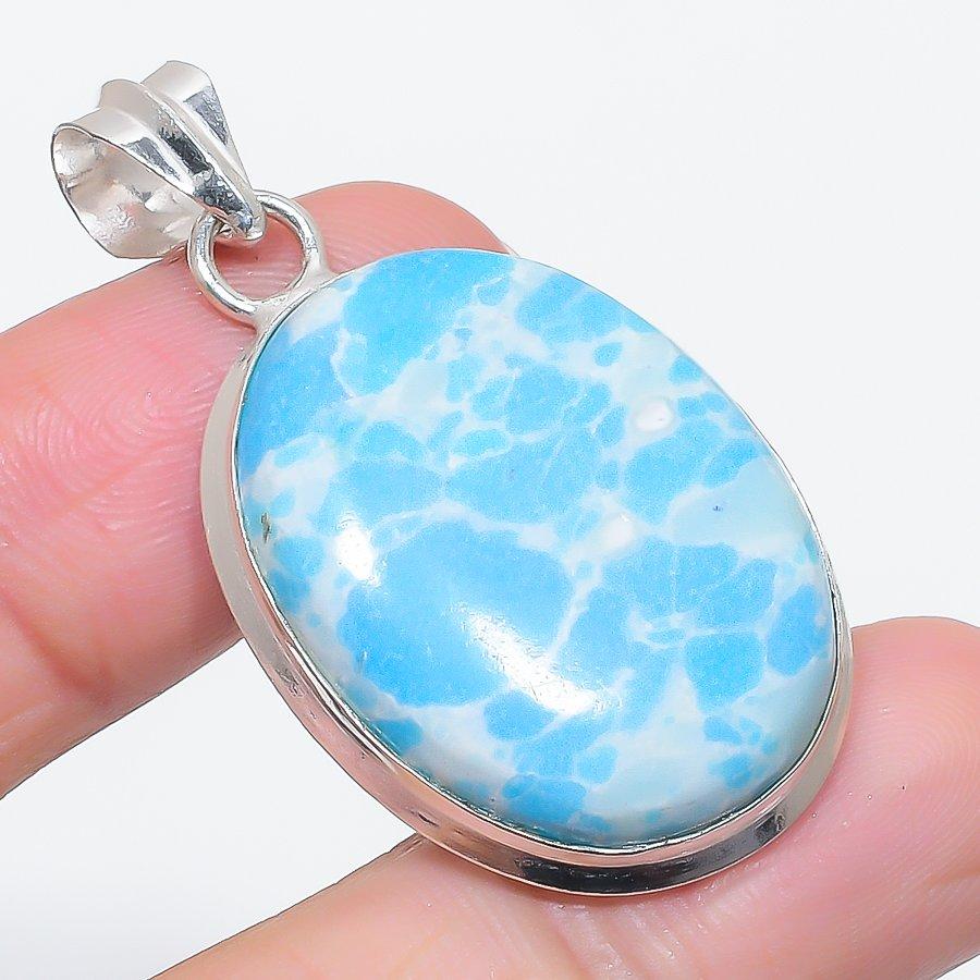 Natural Larimar Gemstone Handmade 925 Sterling Silver Jewelry Pendant 1.85" H4z85