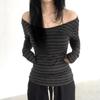 Gestreiftes vielseitiges Oberteil mit großem Rundhalsausschnitt, leichten und kontrastierenden Farben, Slim Fit, einseitiger Schulter-Pullover, gestricktes Spice Girl Top