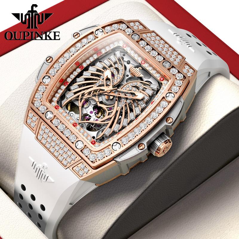 

Часы OUPINKE Механические часы с полым корпусом в форме винной бочки Модные силиконовые ремешки Водонепроницаемые женские часы Женские часы