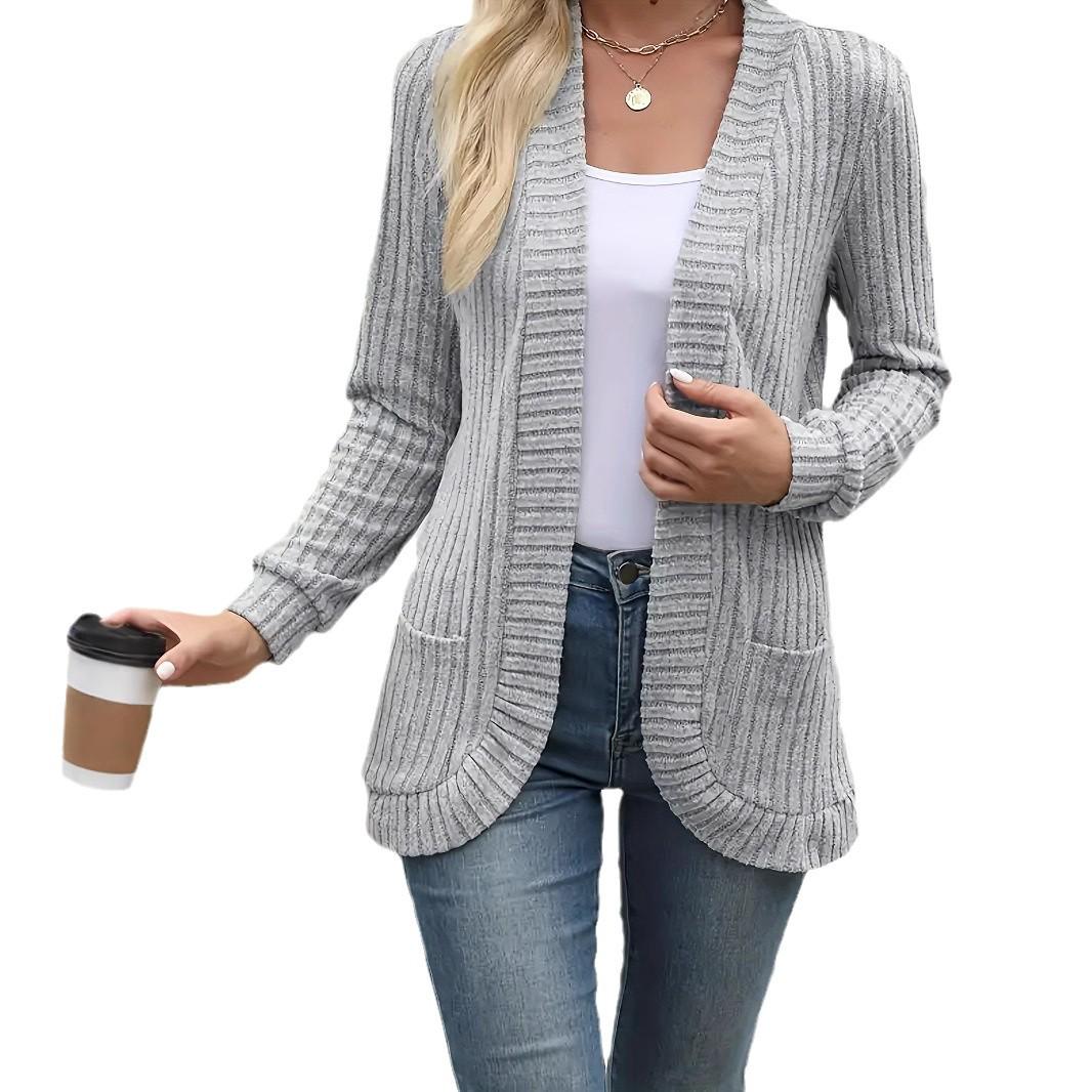 2024 Autumn Striped Brushed Long Sleeve Cardigan Medium светло-серый