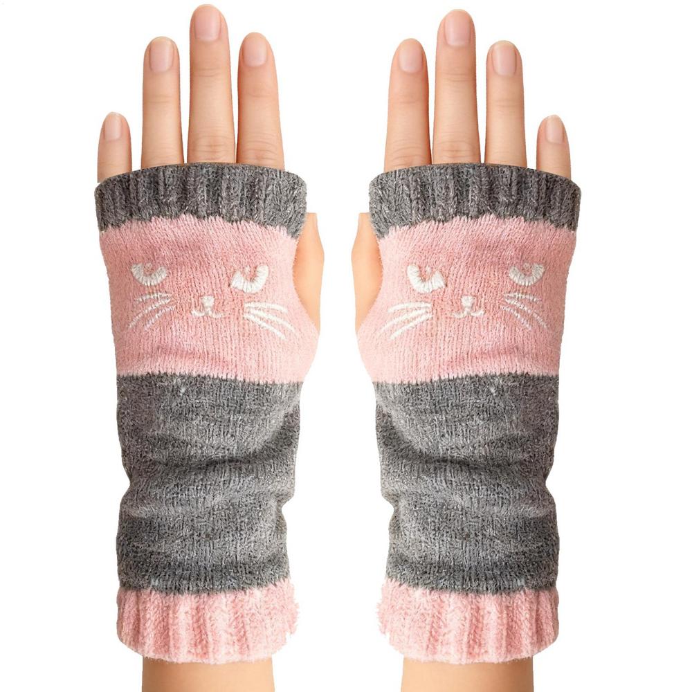 Winter Warme Handschuhe, Patchwork-Strickhandschuhe mit Katzenstickerei, Modische Fingerlose Freizeit-Damenhandschuhe, Neujahrsgeschenke