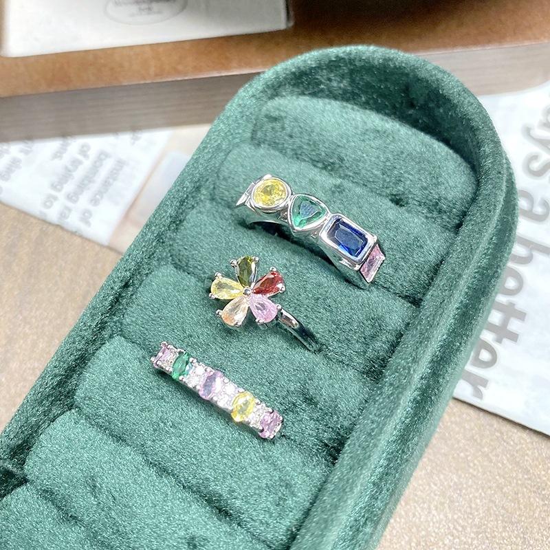 [Rainbow Ring] Colored Zircon Personalized Flower Row Diamond Ring Exquisite High-End Sense Stacking Wearing Colored Treasure Ring Woman