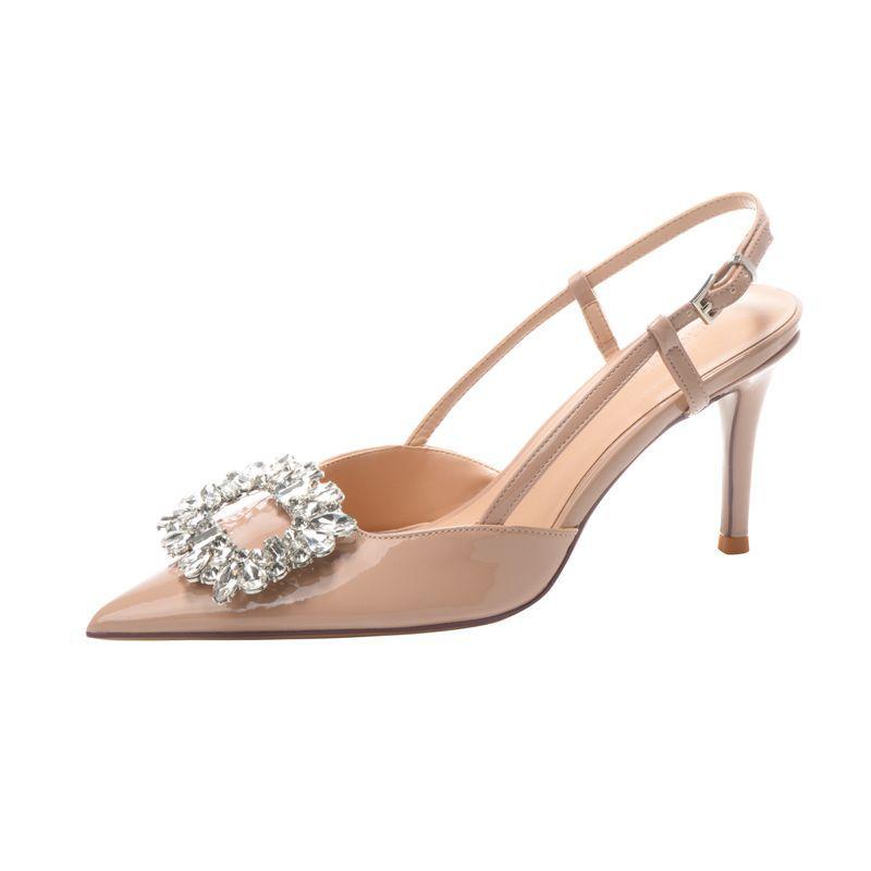 2025 Summer New Pointed Toe Nude Square Buckle Rhinestone High Heels Women's Thin Heels Light Mouth Versatile Sandals Bag Head Single Shoes