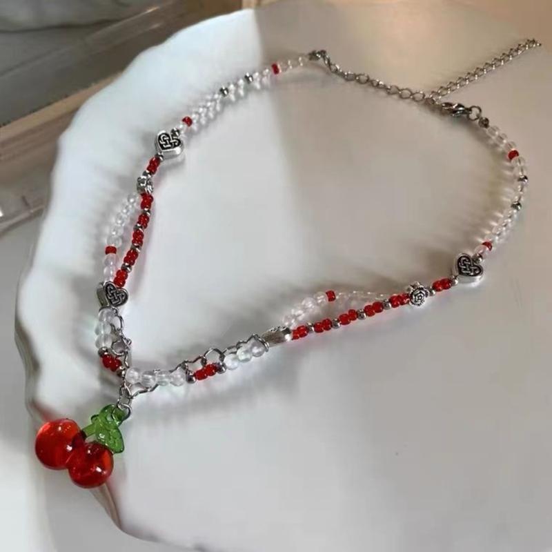 Cute Fruit Cherries Chokers Necklaces For Women Girls Fashion Red White Bead Handmade Beaded Necklace Jewelry Gift